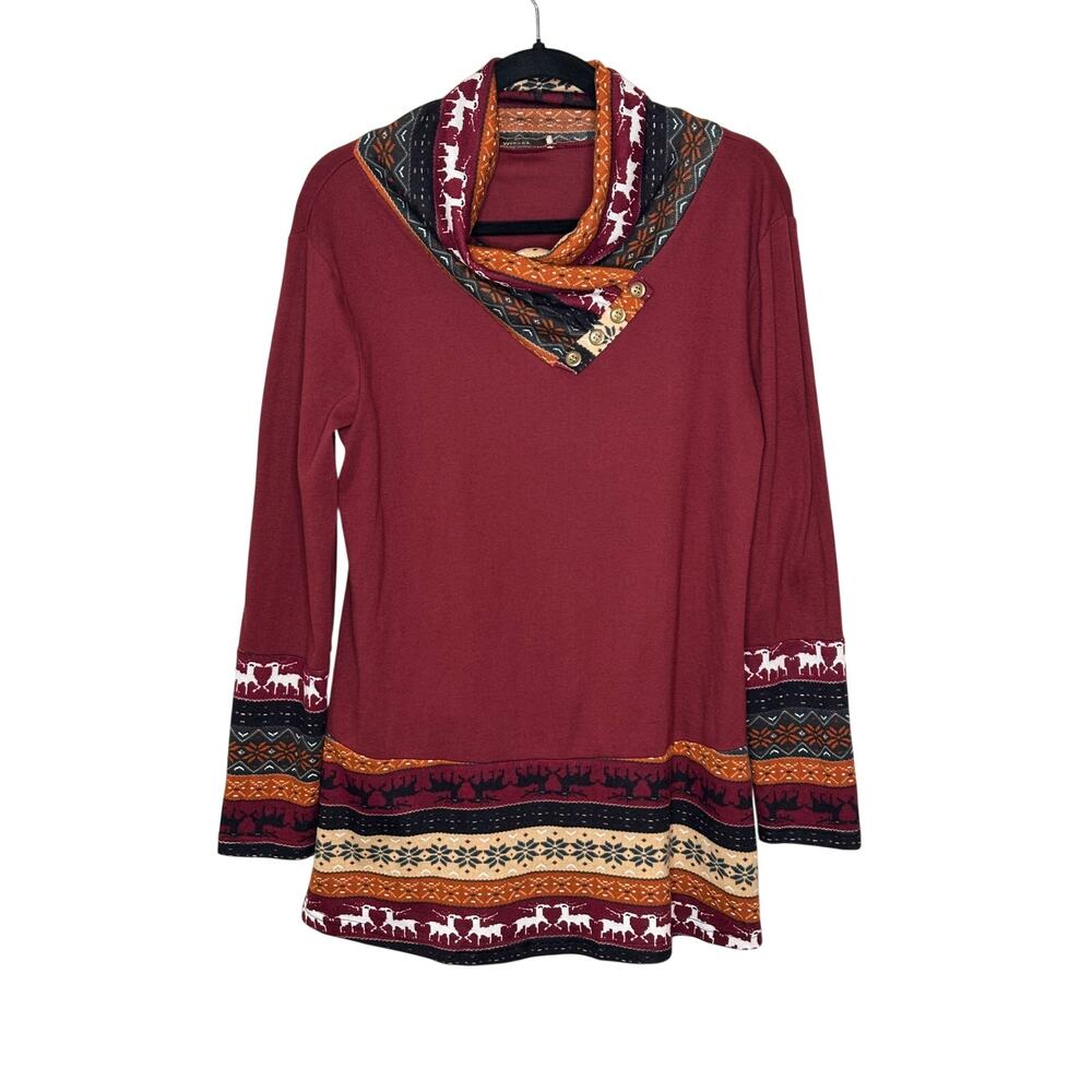 Miusey Burgundy Red Fair Isle Cowl Neck Tunic Sweater Gold Button Women L Casual